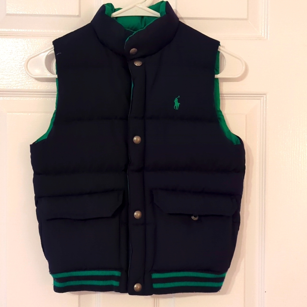 Polo Ralph Lauren Boy Reversible Navy Green Down Puffer Vest Sz 6